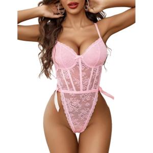 imageAvidlove Women Teddy Lingerie Deep V Lace Bodysuit Lingerie One Piece Mini Babydoll Satiny Side BowPink