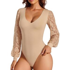 imageAvidlove Womens Long Sleeve Bodysuit Double Lined V Neck Lace Puff Sleeves Going Out Top Shirts Thong Leotard Body SuitBeige