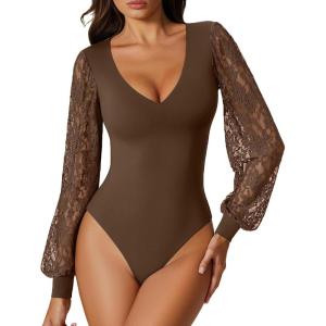 imageAvidlove Womens Long Sleeve Bodysuit Double Lined V Neck Lace Puff Sleeves Going Out Top Shirts Thong Leotard Body SuitBrown
