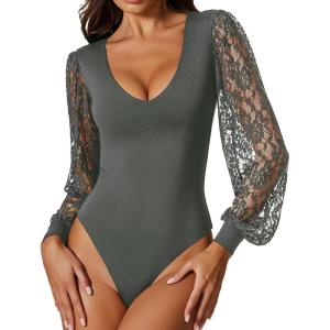 imageAvidlove Womens Long Sleeve Bodysuit Double Lined V Neck Lace Puff Sleeves Going Out Top Shirts Thong Leotard Body SuitGrey
