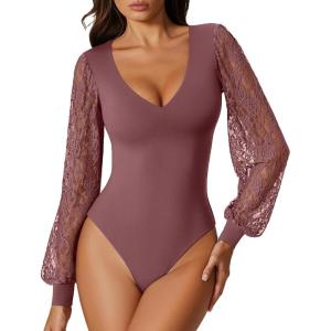 imageAvidlove Womens Long Sleeve Bodysuit Double Lined V Neck Lace Puff Sleeves Going Out Top Shirts Thong Leotard Body SuitPurple