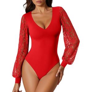 imageAvidlove Womens Long Sleeve Bodysuit Double Lined V Neck Lace Puff Sleeves Going Out Top Shirts Thong Leotard Body SuitRed