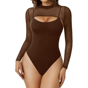 imageAvidlove Womens Long Sleeve Bodysuits Mock Turtle Neck Shapewear Bodysuit Sexy Mesh Bodysuit Two Piece Outfit Cami TopsBrown