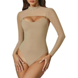 imageAvidlove Womens Long Sleeve Bodysuits Mock Turtle Neck Shapewear Bodysuit Sexy Mesh Bodysuit Two Piece Outfit Cami TopsKhaki