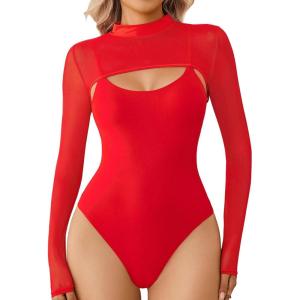 imageAvidlove Womens Long Sleeve Bodysuits Mock Turtle Neck Shapewear Bodysuit Sexy Mesh Bodysuit Two Piece Outfit Cami TopsRed