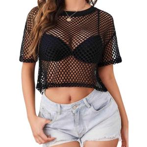 imageAvidlove Womens Sheer Fishnet Top Sexy Short Sleeves Net T Shirts Crop TopBlack