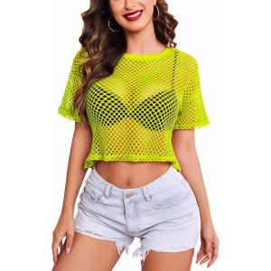 imageAvidlove Womens Sheer Fishnet Top Sexy Short Sleeves Net T Shirts Crop TopNeon Yellow