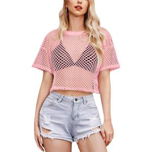 imageAvidlove Womens Sheer Fishnet Top Sexy Short Sleeves Net T Shirts Crop TopPink