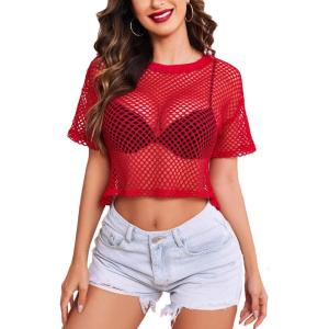 imageAvidlove Womens Sheer Fishnet Top Sexy Short Sleeves Net T Shirts Crop TopRed