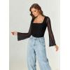 imageAvidlove Bodysuits for Women Long Bell Sleeve Mesh Square Neck Body Suits Going Out Ruched Bodysuit Tops Concert OutfitsBlack