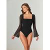 imageAvidlove Bodysuits for Women Long Bell Sleeve Mesh Square Neck Body Suits Going Out Ruched Bodysuit Tops Concert OutfitsBlack