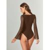 imageAvidlove Bodysuits for Women Long Bell Sleeve Mesh Square Neck Body Suits Going Out Ruched Bodysuit Tops Concert OutfitsBrown