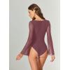 imageAvidlove Bodysuits for Women Long Bell Sleeve Mesh Square Neck Body Suits Going Out Ruched Bodysuit Tops Concert OutfitsPurple Red