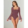 imageAvidlove Bodysuits for Women Long Bell Sleeve Mesh Square Neck Body Suits Going Out Ruched Bodysuit Tops Concert OutfitsPurple Red