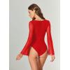 imageAvidlove Bodysuits for Women Long Bell Sleeve Mesh Square Neck Body Suits Going Out Ruched Bodysuit Tops Concert OutfitsRed