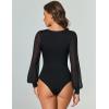 imageAvidlove Women Puff Long Sleeve Bodysuit Mesh Square Neck Thong Sexy Body Suits Double Lined LeotardsBlack
