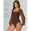 imageAvidlove Women Puff Long Sleeve Bodysuit Mesh Square Neck Thong Sexy Body Suits Double Lined LeotardsBrown
