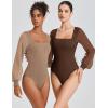 imageAvidlove Women Puff Long Sleeve Bodysuit Mesh Square Neck Thong Sexy Body Suits Double Lined LeotardsBrown