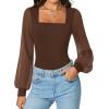 imageAvidlove Women Puff Long Sleeve Bodysuit Mesh Square Neck Thong Sexy Body Suits Double Lined LeotardsBrown