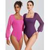 imageAvidlove Women Puff Long Sleeve Bodysuit Mesh Square Neck Thong Sexy Body Suits Double Lined LeotardsPurple