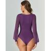imageAvidlove Women Puff Long Sleeve Bodysuit Mesh Square Neck Thong Sexy Body Suits Double Lined LeotardsPurple