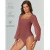 imageAvidlove Women Puff Long Sleeve Bodysuit Mesh Square Neck Thong Sexy Body Suits Double Lined LeotardsPurple Red