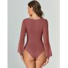 imageAvidlove Women Puff Long Sleeve Bodysuit Mesh Square Neck Thong Sexy Body Suits Double Lined LeotardsPurple Red