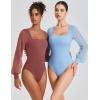 imageAvidlove Women Puff Long Sleeve Bodysuit Mesh Square Neck Thong Sexy Body Suits Double Lined LeotardsPurple Red