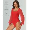 imageAvidlove Women Puff Long Sleeve Bodysuit Mesh Square Neck Thong Sexy Body Suits Double Lined LeotardsRed
