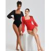 imageAvidlove Women Puff Long Sleeve Bodysuit Mesh Square Neck Thong Sexy Body Suits Double Lined LeotardsRed