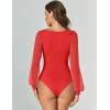 imageAvidlove Women Puff Long Sleeve Bodysuit Mesh Square Neck Thong Sexy Body Suits Double Lined LeotardsRed