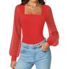 imageAvidlove Women Puff Long Sleeve Bodysuit Mesh Square Neck Thong Sexy Body Suits Double Lined LeotardsRed