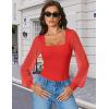 imageAvidlove Women Puff Long Sleeve Bodysuit Mesh Square Neck Thong Sexy Body Suits Double Lined LeotardsRed