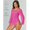 imageAvidlove Women Puff Long Sleeve Bodysuit Mesh Square Neck Thong Sexy Body Suits Double Lined LeotardsRose Red