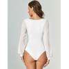 imageAvidlove Women Puff Long Sleeve Bodysuit Mesh Square Neck Thong Sexy Body Suits Double Lined LeotardsWhite