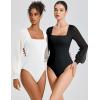 imageAvidlove Women Puff Long Sleeve Bodysuit Mesh Square Neck Thong Sexy Body Suits Double Lined LeotardsWhite
