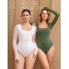 imageAvidlove Womens Long Sleeve Bodysuits Square Neck One Piece Body Suit Mesh Leotard Tops Double Lined SoftArmy Green