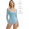 imageAvidlove Womens Long Sleeve Bodysuits Square Neck One Piece Body Suit Mesh Leotard Tops Double Lined SoftLight Blue