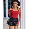 imageAvidlove Womens Long Sleeve Bodysuits Square Neck One Piece Body Suit Mesh Leotard Tops Double Lined SoftRed