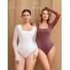 imageAvidlove Womens Long Sleeve Bodysuits Square Neck One Piece Body Suit Mesh Leotard Tops Double Lined SoftWhite