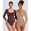 imageAvidlove Womens Sexy Sweetheart Neckline Bodysuit Tops Long Sleeve Double Lined Thong Body Suits Ruched OutfitsBeige