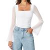 imageAvidlove Bodysuits for Women Long Bell Sleeve Mesh Square Neck Body Suits Going Out Ruched Bodysuit Tops Concert OutfitsWhite