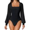 imageAvidlove Women Puff Long Sleeve Bodysuit Mesh Square Neck Thong Sexy Body Suits Double Lined LeotardsBlack