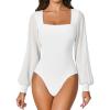 imageAvidlove Women Puff Long Sleeve Bodysuit Mesh Square Neck Thong Sexy Body Suits Double Lined LeotardsWhite