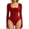 imageAvidlove Womens Long Sleeve Bodysuit Double Lined Square Neck Body Suit Tops Snap Closure SoftRed