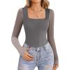imageAvidlove Womens Long Sleeve Bodysuits Square Neck One Piece Body Suit Mesh Leotard Tops Double Lined SoftGrey