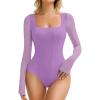 imageAvidlove Womens Long Sleeve Bodysuits Square Neck One Piece Body Suit Mesh Leotard Tops Double Lined SoftLilac