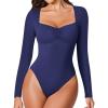 imageAvidlove Womens Sexy Sweetheart Neckline Bodysuit Tops Long Sleeve Double Lined Thong Body Suits Ruched OutfitsBlue