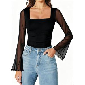 imageAvidlove Bodysuits for Women Long Bell Sleeve Mesh Square Neck Body Suits Going Out Ruched Bodysuit Tops Concert OutfitsBlack