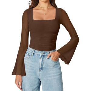 imageAvidlove Bodysuits for Women Long Bell Sleeve Mesh Square Neck Body Suits Going Out Ruched Bodysuit Tops Concert OutfitsBrown